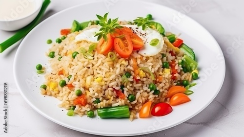 Fried Rice with Vegetables and Meat. egg topping on a plate, white background. Generative AI