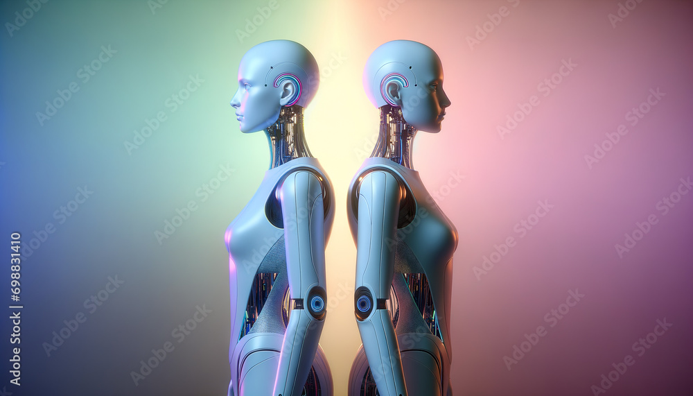 Obraz premium Symmetrical digital twins in futuristic attire symbolizing AI innovation and connection.