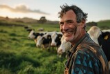 Mature man smiling while tending to dairy cows in a field