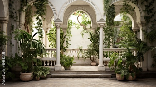 A high-definition photograph showcasing the intricate details of beautiful architectural elements with white walls and lush green plants. © Image Studio