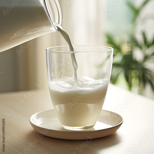 Glass of milk being poured into a cup