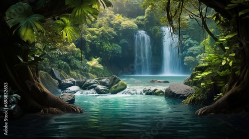 A majestic waterfall framed by lush greenery, the water flowing gracefully into a clear pool amid untouched nature.
