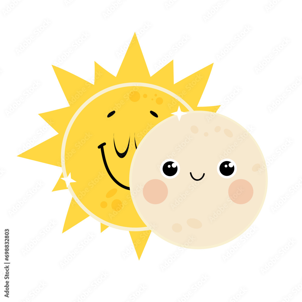 Cute hand drawn solar eclipse illustration. Vector sun and moon characters design.