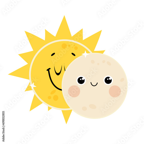Cute hand drawn solar eclipse illustration. Vector sun and moon characters design.