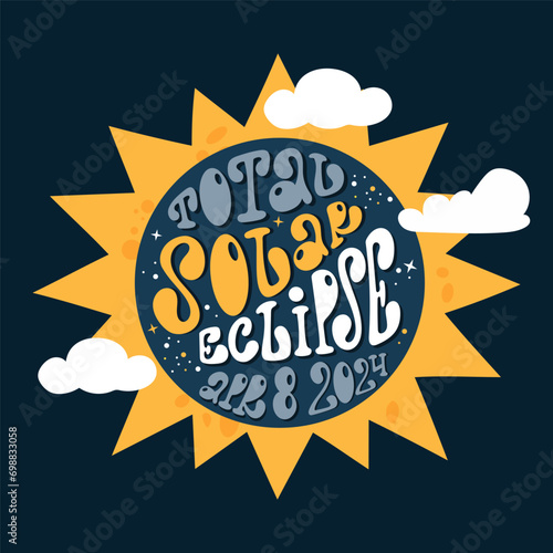 Hand drawn banner total solar eclipse april 8 2024. Vector design in dark background. photo