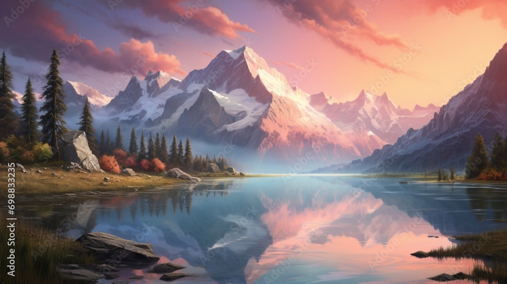 A mesmerizing image capturing the tranquility of a summer sunrise in the mountains, with the soft pastel colors of the sky mirrored in a calm alpine lake, surrounded by towering peaks.