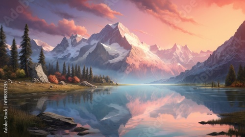 A mesmerizing image capturing the tranquility of a summer sunrise in the mountains, with the soft pastel colors of the sky mirrored in a calm alpine lake, surrounded by towering peaks. © Image Studio
