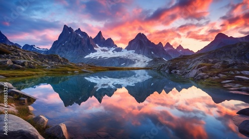 A mesmerizing image capturing the tranquility of a summer sunrise in the mountains  with the soft pastel colors of the sky mirrored in a calm alpine lake  surrounded by towering peaks.