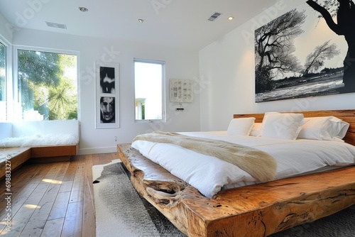 Rustic yet modern bedroom with a chunky wooden bed and a clean white wall