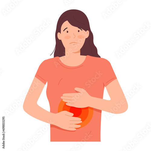 illustration of a woman touches his stomach. Gastrointestinal problems, fear of gastritis, acid reflux, intestinal problems. flat design
