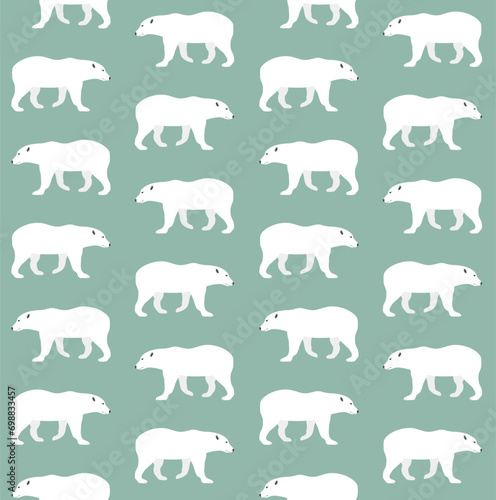 Vector seamless pattern of flat hand drawn polar bear isolated on green background