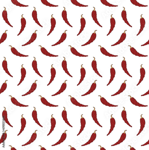 Vector seamless pattern of hand drawn doodle sketch colored dried chili pepper isolated on white background