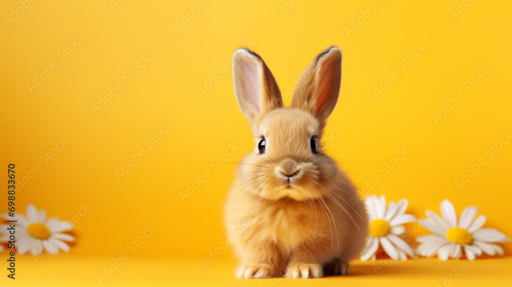 Obraz premium A brown bunny with long ears sits in front of a yellow background, with white daisies around.