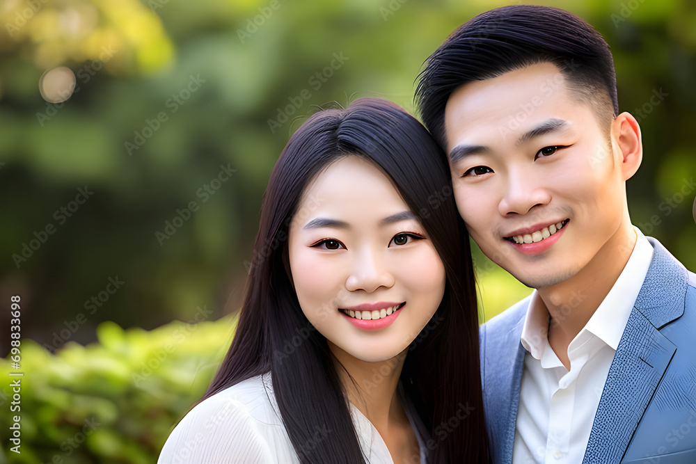Portrait of a beautiful man and woman Vietnamese 20-year-old couple in love smiling. Casually dressed. Portrait of a beautiful man and woman Vietnamese 20-year-old couple in love smiling. Casually dressed.
