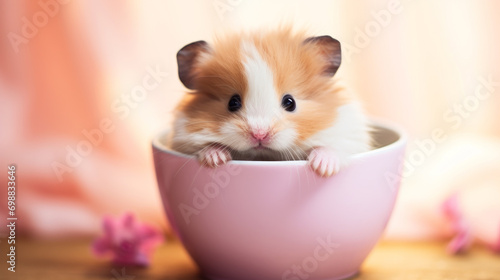 A cute guinea pig peeks out from a pink cup with flowers around it on a soft background. © Enigma