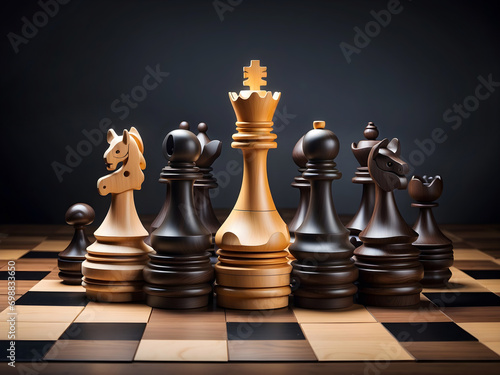 A chessboard with pieces and king leading, teamwork power success. Illustration.