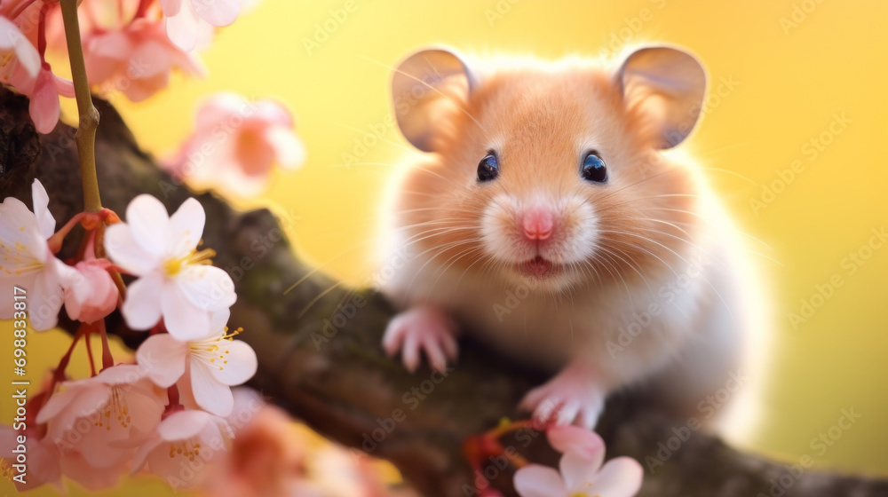 A cute hamster on a branch with pink cherry blossoms and a yellow background. A cute hamster on a branch with pink cherry blossoms and a yellow background.
