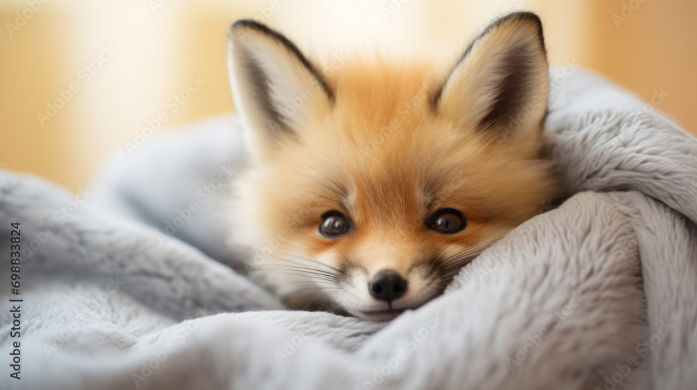 A cozy red fox wrapped in a soft grey blanket with bright eyes looking out.