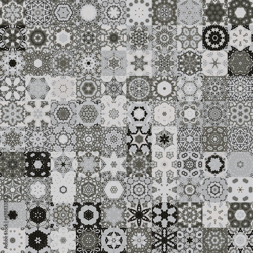 Black and white floral geometric mandala art shapes, vintage concept seamless pattern background.