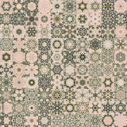 Faded beige color tone floral geometric shapes vintage concept seamless pattern background..