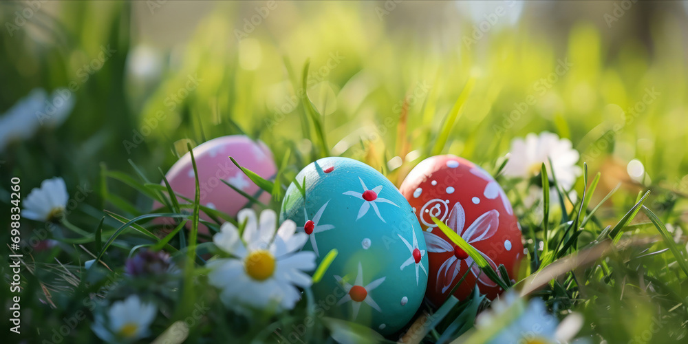 Hand-painted Easter eggs in grass with white daisies around them. web banner design