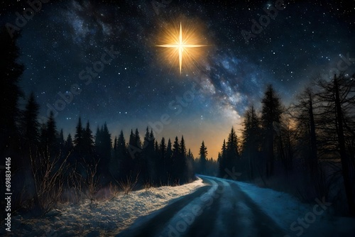 Bright star in the starry night sky. Silhouette of the forest and night road. Sunlight over the horizon. Christmas star of the Nativity of Bethlehem, Nativity of Jesus Christ-