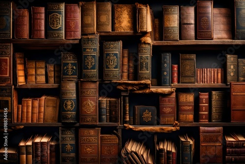 A Old ancient books, historical books. Collection of human knowledge concept. Wide format. Hand edited generative AI photo