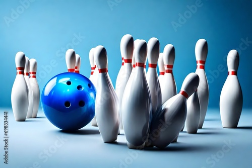Bowling strike concept. Blue Bowling Ball hits bowling pins. Transparent background