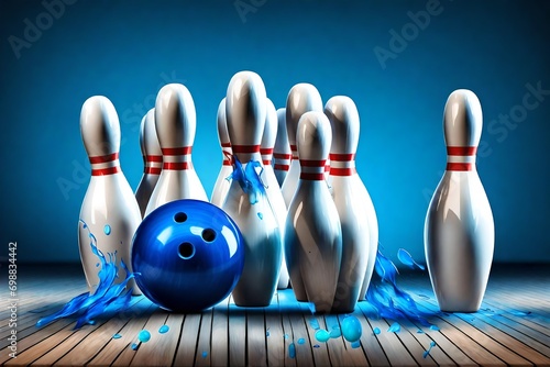 Bowling strike concept. Blue Bowling Ball hits bowling pins. Transparent background