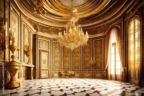 A classic extravagant European style palace room with gold decorations. wide format, Hand edited generative A photo
