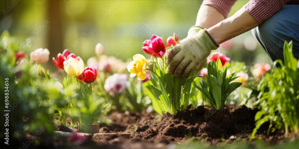 A person is planting colorful tulips in a sunlit garden bed. web banner design A person is planting colorful tulips in a sunlit garden bed. web banner design