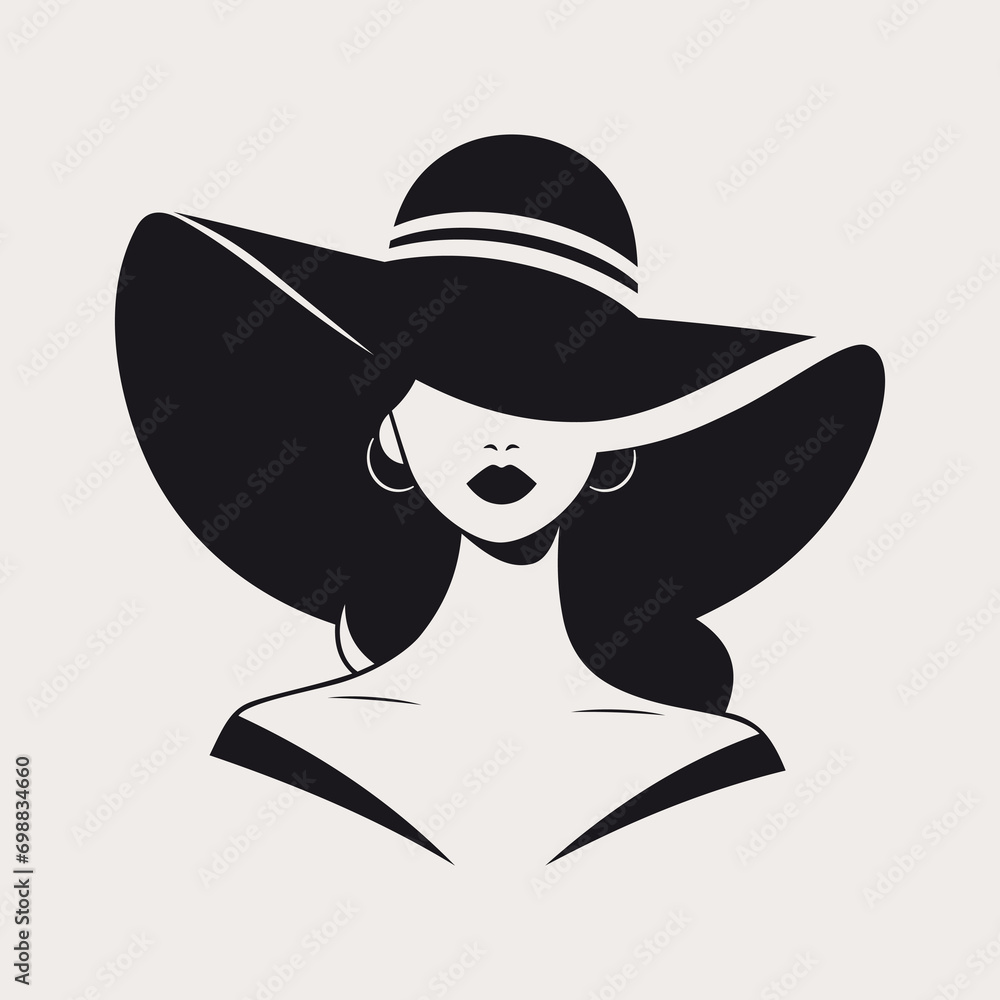 Portret pięknej kobiety w eleganckim kapeluszu z szerokim rondem. Młoda dziewczyna narysowana w minimalistycznym stylu. Ilustracja wektorowa High Fashion. - obrazy, fototapety, plakaty 
