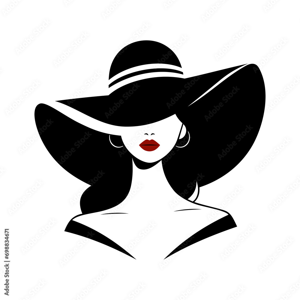 Portret pięknej kobiety w eleganckim kapeluszu z szerokim rondem w minimalistycznym stylu. Młoda dziewczyna z czerwonymi ustami. Ilustracja wektorowa High Fashion. - obrazy, fototapety, plakaty 