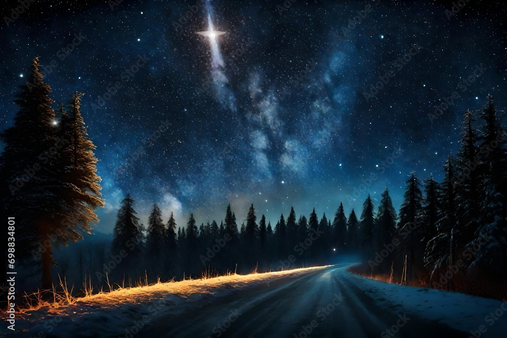 Bright star in the starry night sky. Silhouette of the forest and night road. Sunlight over the horizon. Christmas star of the Nativity of Bethlehem, Nativity of Jesus Christ- - obrazy, fototapety, plakaty 
