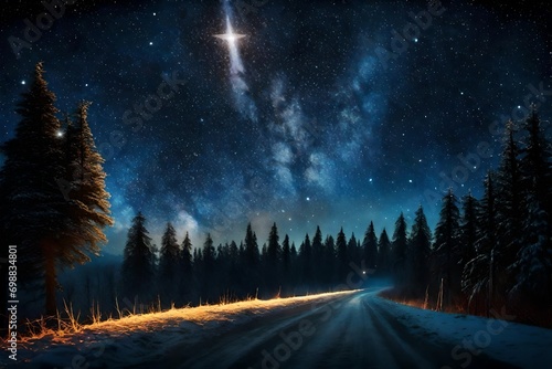 Bright star in the starry night sky. Silhouette of the forest and night road. Sunlight over the horizon. Christmas star of the Nativity of Bethlehem, Nativity of Jesus Christ-