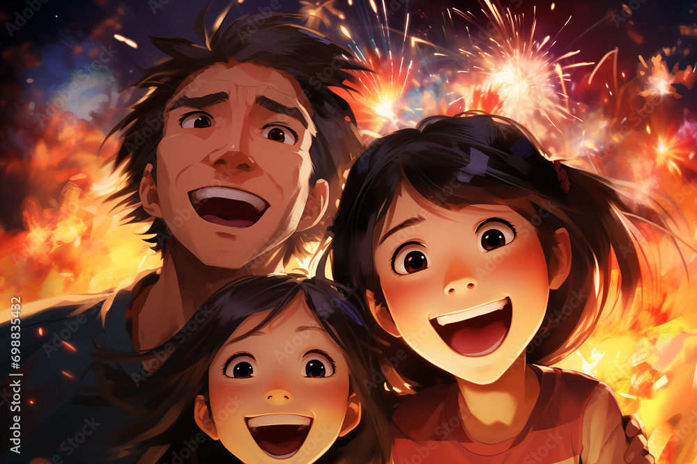 Family Enjoying the Fireworks of Chinese New Year 2024, Spectacular