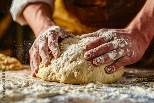 Baker's hands kneading dough, a close-up of skilled hands kneading a soft and elastic bread dough, showcasing the artistry and craftsmanship of breadmaking, with copy space for promoting bakery.