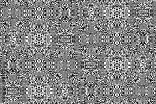 Black and white floral geometric mandala art shapes, vintage concept seamless pattern background.