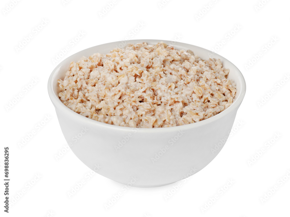 Tasty boiled oatmeal in bowl isolated on white