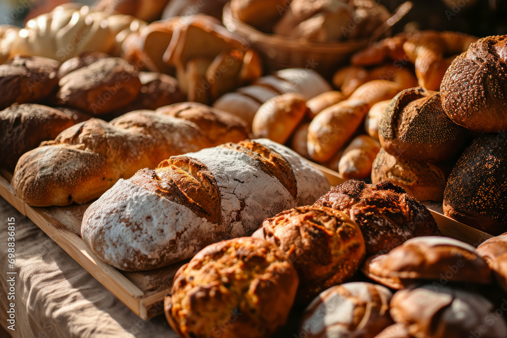 Bread festival celebration, a festive scene featuring a diverse array of bread varieties, celebrating the love for bread and bakery culture at a community event, with copy space. Bread festival celebration, a festive scene featuring a diverse array of bread varieties, celebrating the love for bread and bakery culture at a community event, with copy space.