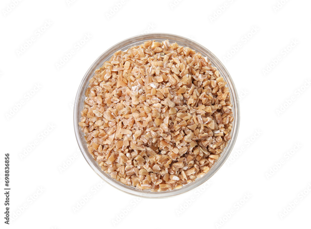 Dry wheat groats in bowl isolated on white, top view Dry wheat groats in bowl isolated on white, top view