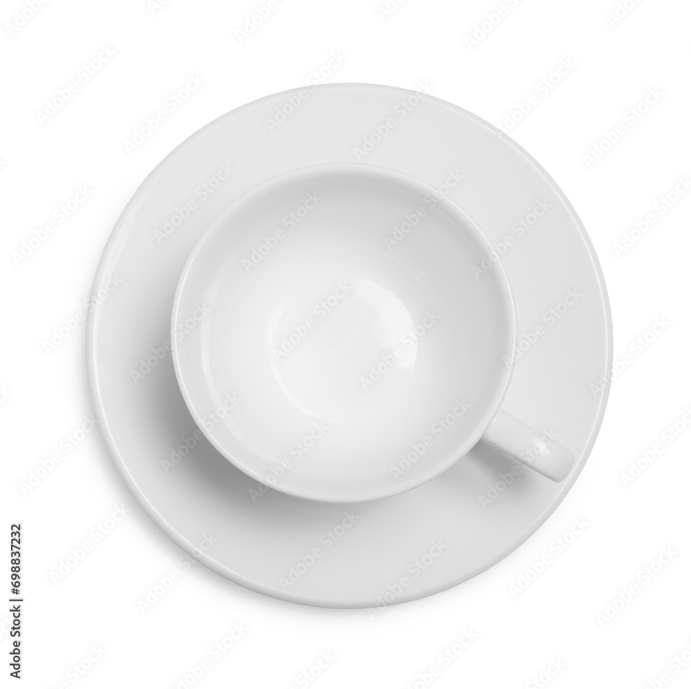 Ceramic cup with saucer isolated on white, top view Ceramic cup with saucer isolated on white, top view