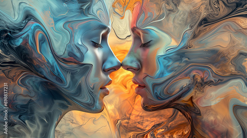 Watercolor painting of two persons in love facing each other with closed eyes. Man and woman, concept of love merge, romance and intimacy. photo