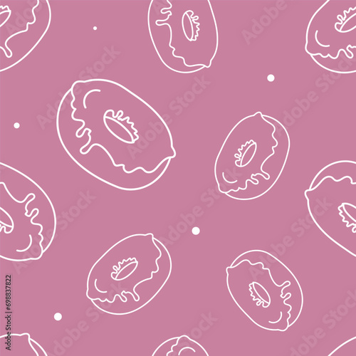 Vector illustration. Contour seamless pattern. Donuts in sketch style. Hand drawn food elements. Desserts and sweets festive pattern for textiles, wallpaper, packaging, wrapping paper.