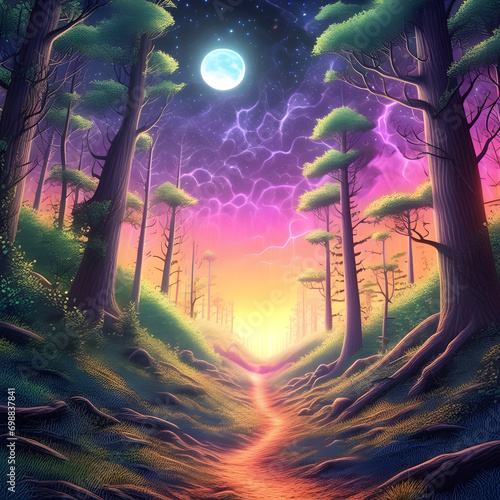Enchanted mystical forest light pathway ominous scene seq 11 of 26