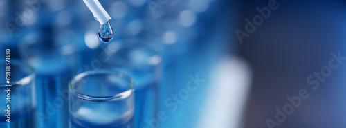 Laboratory analysis. Dripping reagent into test tube against blurred background, closeup. Banner design with space for text