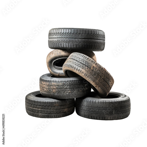 Pile of old tires on transparent background