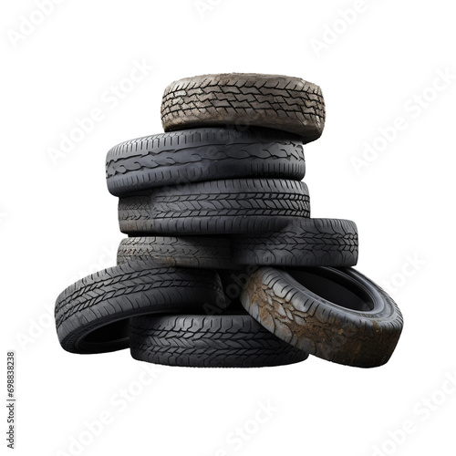 Pile of old tires on transparent background