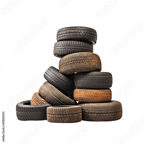 Pile of old tires on transparent background