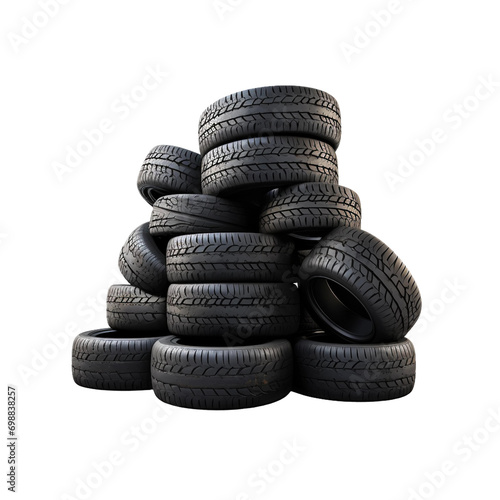 Pile of old tires on transparent background
